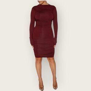 NWT | Naked Wardrobe | Ruched Long Sleeve Dress | Wine | Various Sizes